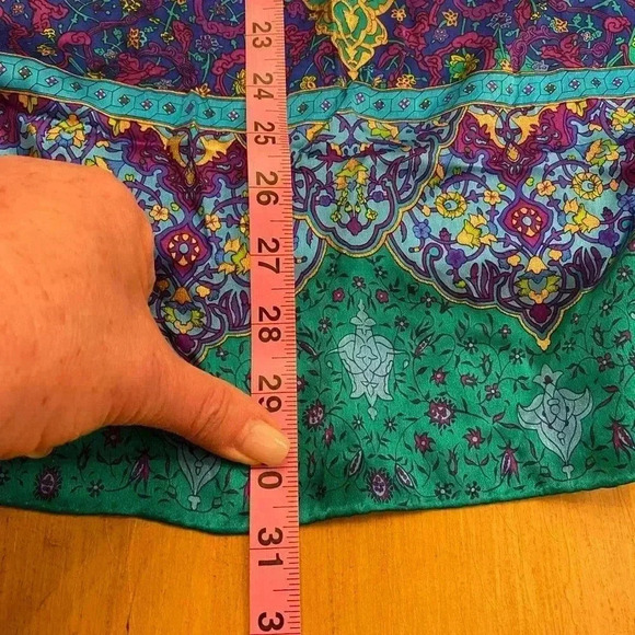 Women’s Silk Square Bohemian Colorful Scarf Boho Green Purple Blue Pink Yellow - Picture 8 of 10